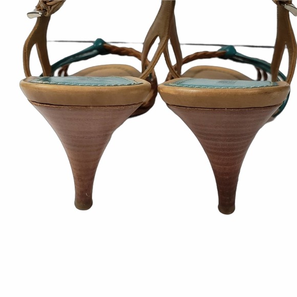 Prada Brown Braided Woven Leather Teal Green Rubber Strappy Sandals 37.5 - Picture 7 of 7